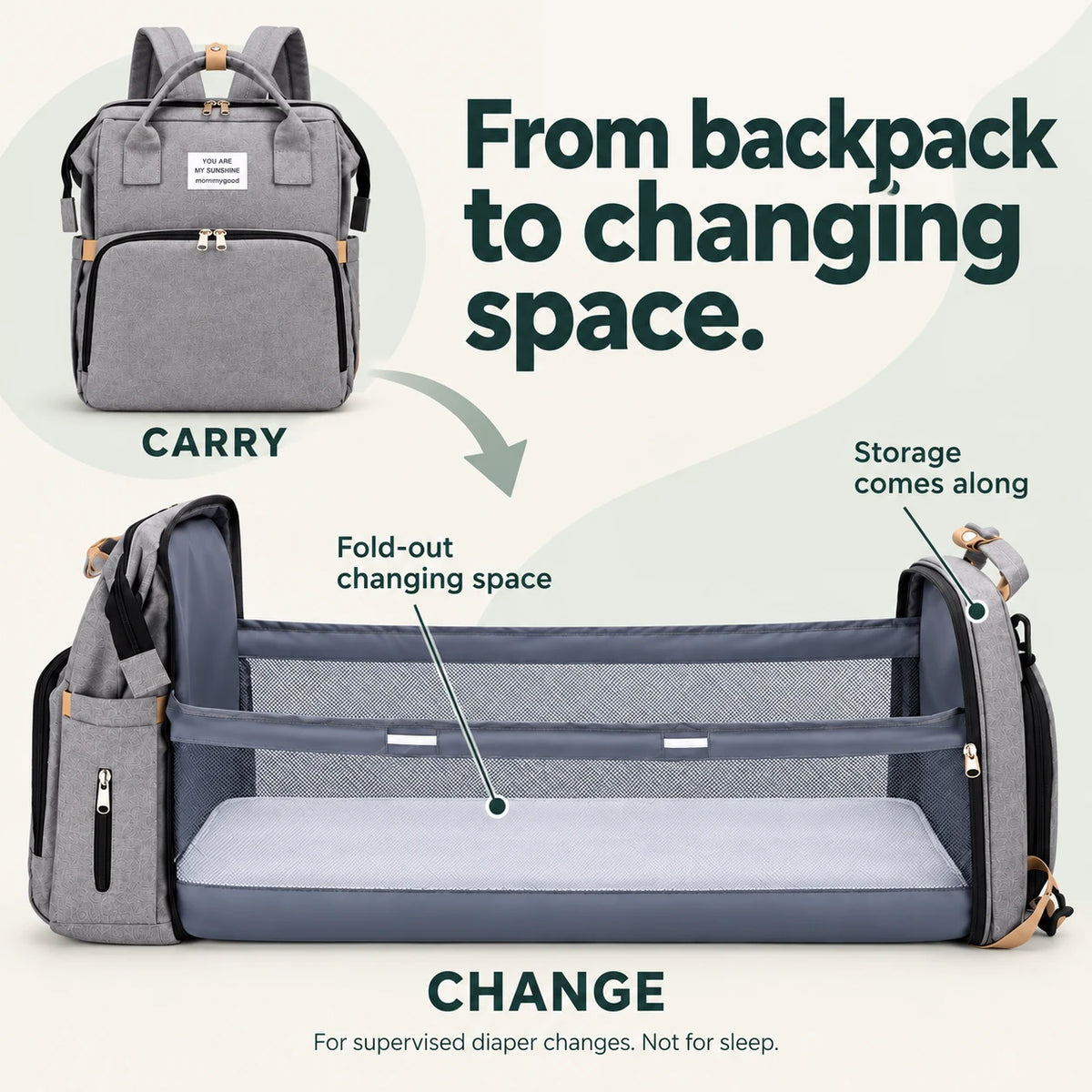 From backpack to changing space: the gray diaper backpack opens into a fold-out area for supervised diaper changes, with storage alongside. Not for sleep.