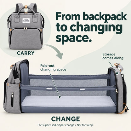 From backpack to changing space: the gray diaper backpack opens into a fold-out area for supervised diaper changes, with storage alongside. Not for sleep.