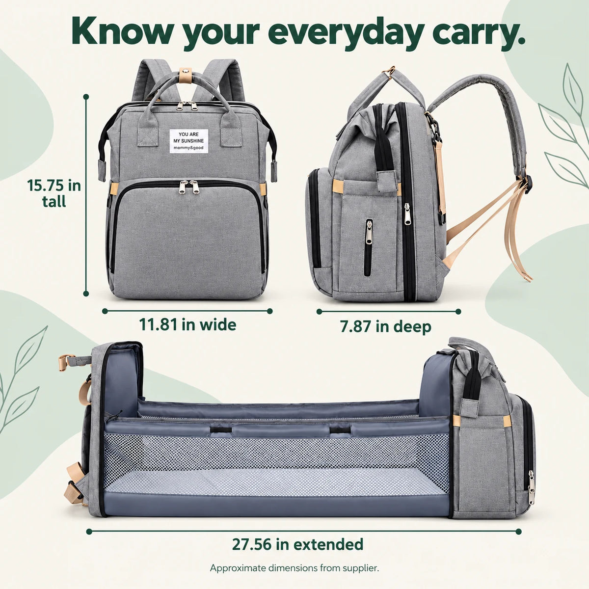 Supplier measurements: backpack 15.75 inches tall, 11.81 inches wide and 7.87 inches deep; extended section 27.56 inches. Approximate dimensions.