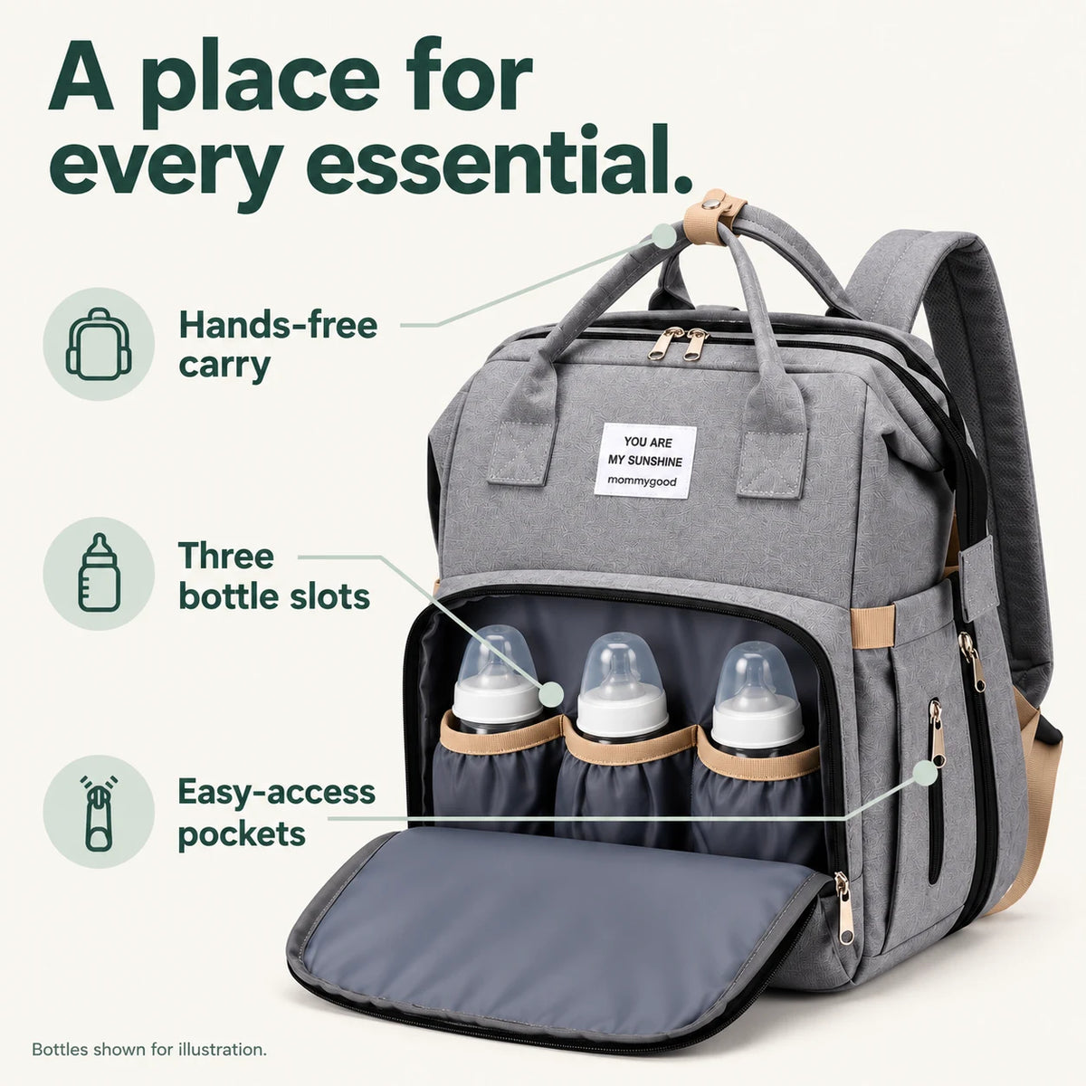 Three bottle slots, easy-access pockets and hands-free carry. Bottles shown for illustration.