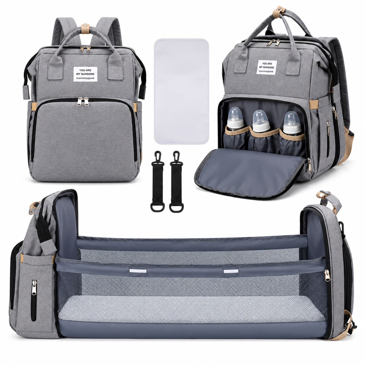 Gray convertible diaper backpack with bottle pockets, backpack straps and an extended rear compartment. Bottles are illustrative.